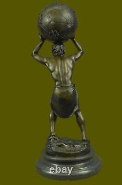 100% Bronze Atlas Tenant Up Celestial Sphère Statue / Sculpture Art Déco Nouveau