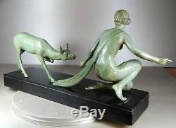 1920/1930 A. Ouline Rare Statue Sculpture Art Deco Diane Chasseresse Biche Femme