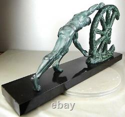 1920/1930 At. Max Le Verrier Grd Statue Sculpture Art Deco Athlete Homme Nu Roue