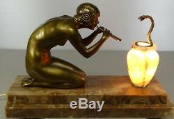 1920/1930 C Mirval Statue Sculpture Lampe Art Deco Bronze Dore Femme Nue Serpent