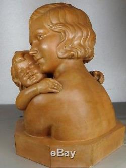 1920/1930 D. Daniel Statue Sculpture Art Deco Femme Enfant Terre Cuite Maternite