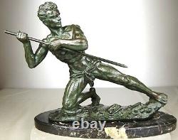 1920/1930 G Hervor Statue Sculpture Art Deco Athlete Nu Homme Javelot Pat Bronze