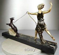 1920/1930 H. Balleste Statue Sculpture Ep. Art Deco Femme Diane + Couple Chêvres
