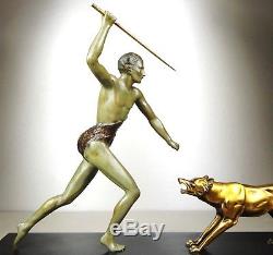 1920/1930 J. Brault Rare Sculpture Statue Bronze Art Deco Chasse Athlete Nu Loup