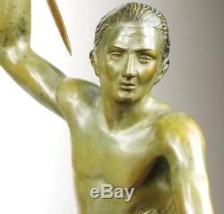 1920/1930 J. Brault Rare Sculpture Statue Bronze Art Deco Chasse Athlete Nu Loup