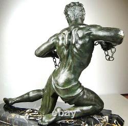 1920/1930 J. De Roncourt Rare Statue Sculpture Art Deco Homme Athlete Nu Hercule