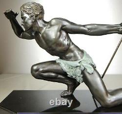 1920/1930 J De Roncourt Supb Statue Sculpture Art Deco Homme Athlete Nu Chasseur