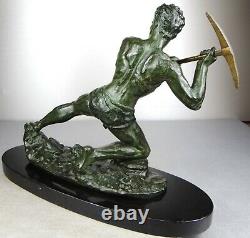 1920/1930 J Rudens Grd Statue Sculpture Art Deco Athlete Nu Homme Sportif Pioche