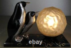 1920/1930 Marcel Bouraine Statue Sculpture Lampe Art Deco Animalier 2 Pingouins