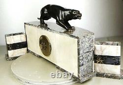 1920/1930 Marti Font Statue Sculpture Pendule Garniture Art Deco Panthere Noire