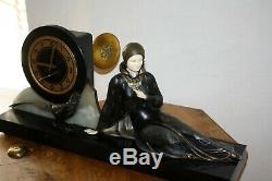 1920/1930 Pendule STATUE SCULPTURE ART DECO CHRYSELEPHANTINE FEMME au Faisan