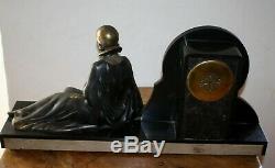 1920/1930 Pendule STATUE SCULPTURE ART DECO CHRYSELEPHANTINE FEMME au Faisan