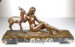1920/1930 Rene Papa Spb Statue Sculpture Art Deco Bronze Diane Nue Femme Chamois