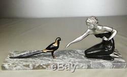 1920/1930 Uriano Statue Sculpture Epoque Art Deco Femme Elegante Oiseau Paradis