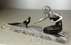 1920/1930 Uriano Statue Sculpture Epoque Art Deco Femme Elegante Oiseau Paradis