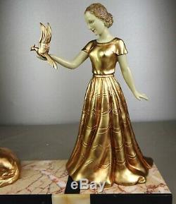 1920/30 Limousin Statue Sculpture Art Deco Patine Chryselephantine Femme Oiseau