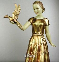 1920/30 Limousin Statue Sculpture Art Deco Patine Chryselephantine Femme Oiseau