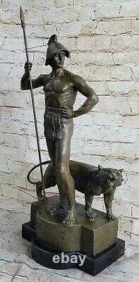51 CM Art Déco Sculpture Guerrier Homme Tame Lion Bronze Statue Figurine De