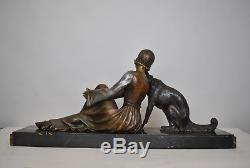 A Godard, Femme Au Barzoï, Sculpture Signée, Art Déco, XXème Siècle