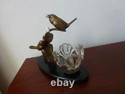 Ancien Lampe Bronze E. Guy Art Déco Oiseaux Sculpture Old Lamp Bird Shade Floral