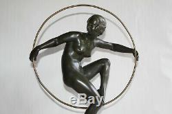 Ancien bronze Art déco Danseuse au cerceau signé André BOURAINE H 47.5 cm