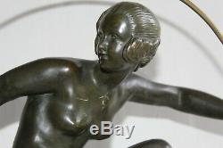 Ancien bronze Art déco Danseuse au cerceau signé André BOURAINE H 47.5 cm