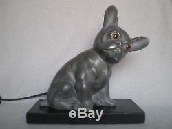 Ancien sculpture art deco 1930 statue chien bouledogue français yeux verre lampe