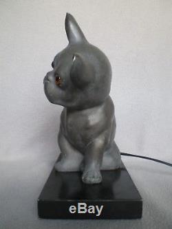 Ancien sculpture art deco 1930 statue chien bouledogue français yeux verre lampe