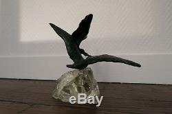 Ancienne Sculpture Art Deco Bronze Verre Oiseaux Signe Chatil