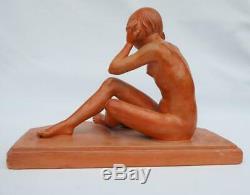 Ancienne Sculpture En Terre Cuite Jeune Femme Nue Art Déco Miroir René Rod 1920