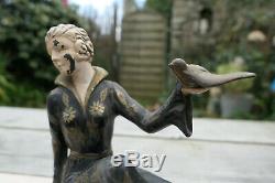 Ancienne Sculpture Regule Femme Oiseaux Marbre Art Deco