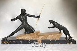 Archer et lionne grand bronze sur marbre Art Deco signé P. Hugonnet