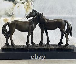 Art Déco Bronze Sculpture Statue 2 Chevaux Figurine Marbre Base XL Solde
