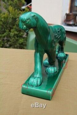 Art Deco Ceramic green Panther Sculpture After Charles Lemanceau L 44.5 cm, H 29