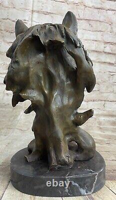 Art Déco Marbre Bronze Sculpture Statue Loup Tête Buste Wild Vie Jardin Figurine