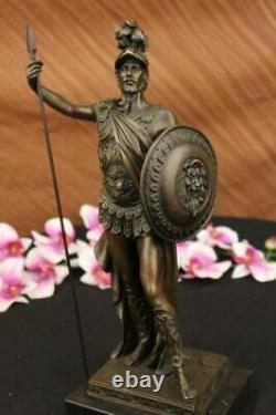 Art Déco Militaire Grec Romain Guerrier Soldat Fonte Bronze Marbre Base Statue