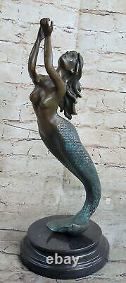 Art Déco Mythique 15 Grand Sirène Bronze Sculpture Statue Classique Ouvre Nu