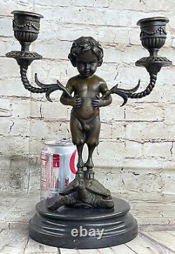 Art Déco Mythologie Satyre Debout Sur Tortue Bronze Sculpture Good Luck Cadeau