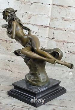 Art Déco Nu Érotique Nymphe Bronze Statue Figurine Marbre Sculpture Décor
