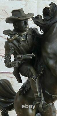 Art Déco Sculpture Cowboy Cheval Entraînement Pistolet Bronze Statue Main À Par