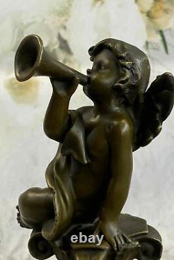 Art Déco Sculpture Jouer Musique Petit Ange Bronze Statue Européen Conçu Par MO