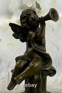 Art Déco Sculpture Jouer Musique Petit Ange Bronze Statue Européen Conçu Par MO