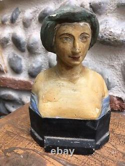 Belle Sculpture Art Deco Peinte Femme Buste En Pierre Tendre 1930 A Identifier