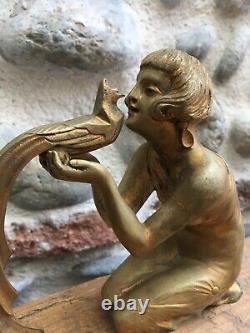 Belle Sculpture En Bronze Ancienne DEMETER CHIPARUS 1930 Art Deco Femme Oiseau