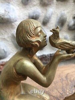 Belle Sculpture En Bronze Ancienne DEMETER CHIPARUS 1930 Art Deco Femme Oiseau