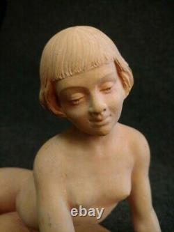 Belle Sculpture rené Rod, Art Deco Jeune Fille Et Agneau Terre Cuite Début XXe