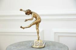 Belle et ancienne sculpture en bronze doré Colinet la jongleuse art déco