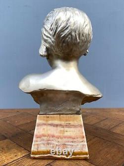 Bronze Argente Par Herman Heusers Art Deco Buste Jeune Fille 1930 Onyx M803