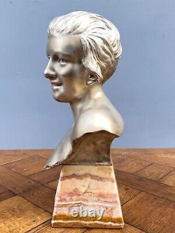 Bronze Argente Par Herman Heusers Art Deco Buste Jeune Fille 1930 Onyx M803