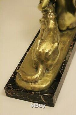 Bronze Art Déco Sculpture femme nue au chien Louis RICHE (1877-1949) 33×15×59 cm